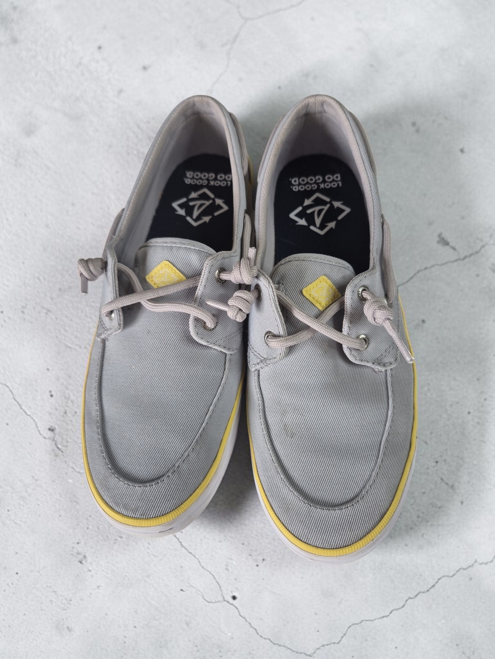 sperry Mens Gray Canvas BoatMen's Casual Gray Canvas Boat Shoes with Yellow Trim